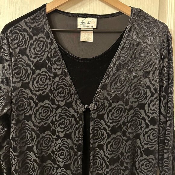 Kathie Lee | VTG 90s Black Floral Velvet Shirt Cardigan Goth Witchy Medium M - Picture 3 of 8